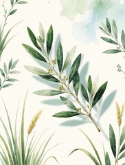 Fototapeta premium Watercolor illustration of olive branches and wild grass with soft blue and green watercolor washes on white background. Botanical art style with delicate details and shadow play.