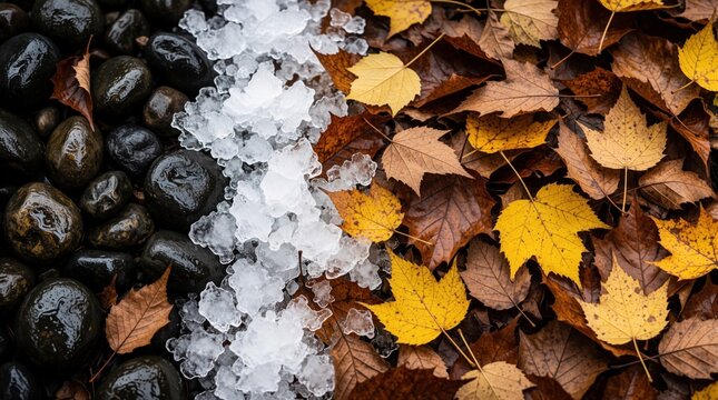 Autumn leaves with brown and yellow colors lie on dark wet stones and ice. Seasonal nature transition, natural elements contrast, surface detail.