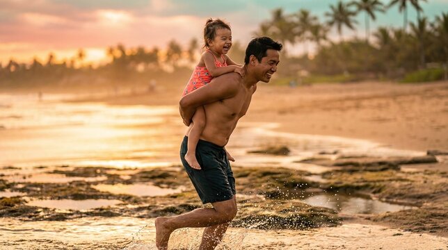 Father carrying his laughing daughter piggyback through beach tide pools