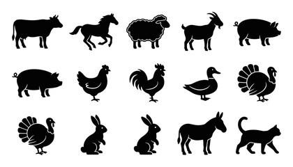 Obraz premium Farm Animals Silhouette Set Black Cow Horse Sheep Goat Vector Bundle