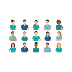 Fototapeta premium Medical staff avatar vector set featuring doctors, nurses, and healthcare workers icons 