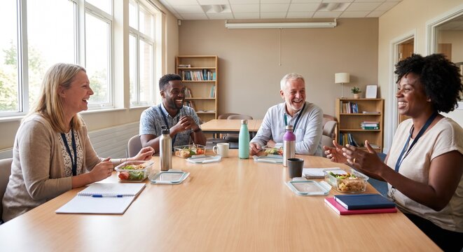 Group of diverse school teachers having lunch together in a staffroom while talking and laughing during their break time