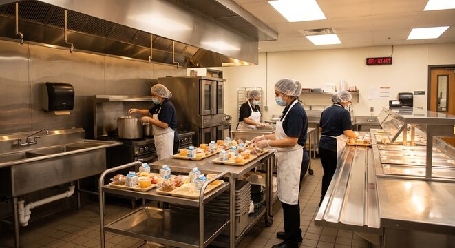 Cafeteria workers preparing school lunch trays in a clean commercial kitchen with stainless steel counters, ovens, and food service stations