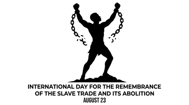 Silhouette of a person breaking chains against a white background commemorating abolition