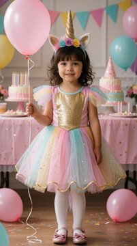 Little girl in colorful unicorn dress with headband and balloon celebrates birthday outdoors. Festive party setup with cake and decorations creates happy childhood moment.