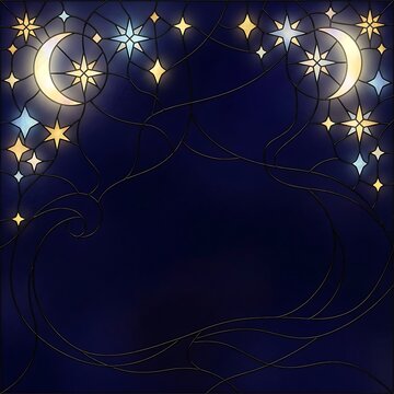 Stained glass night sky with moon and stars pattern