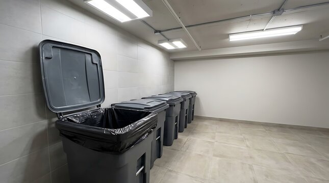 A row of large grey bins lined with a durable dumpster liner inside a commercial service room