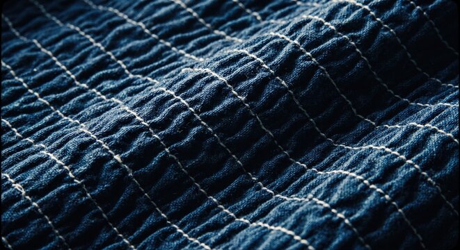 Blue puckered fabric with white stitched lines showing a detailed macro texture of indigo dyed cotton textile with traditional Japanese sashiko style patterns