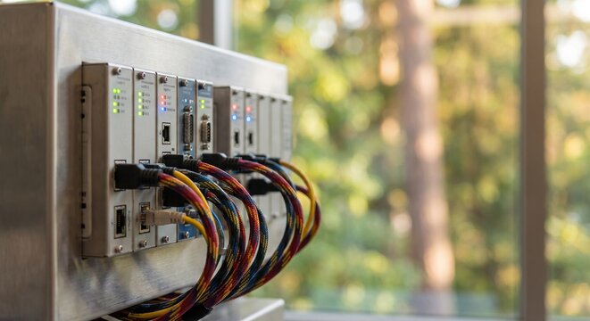 Industrial programmable logic controller with connected cables featuring LED indicator lights and ethernet ports for automation and data transmission in a modern facility