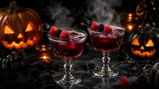 Dark cocktail with raspberries in spooky glassware
