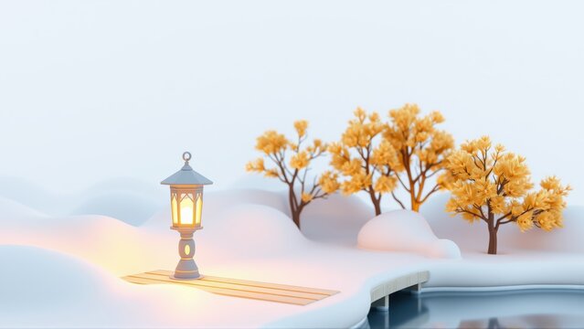Winter scene. Illuminated lamp post near small bridge. Snowy hills, bare trees create calm atmosphere. Soft lighting, peaceful setting.