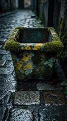 Fototapeta premium Moss covered planter sits on wet cobblestone street. Aged stone pot shows colorful lichen growth in rain. Old urban alley with weathered texture.