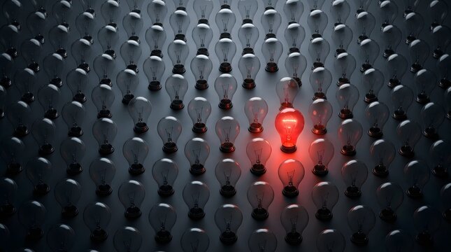 Single bright red light bulb illuminated brightly, distinctly standing out from a large organized grid of numerous dark, unlit bulbs on a subdued background, representing a unique idea, innovation, or