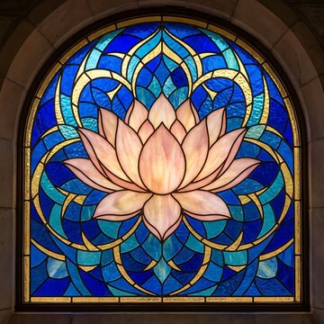 Vibrant stained glass lotus window with intricate blue and gold patterns in a church
