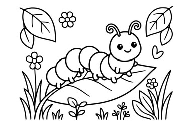 Fototapeta premium Cute Caterpillar Crawling on Leaf Coloring Page Line Art Vector 