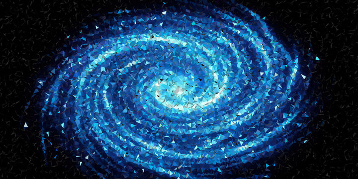 Abstract low poly blue spiral galaxy swirl geometric polygonal vortex energy crystal particles on dark space background
