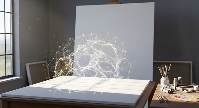 Artist studio with blank canvas and glowing abstract geometric network overlay