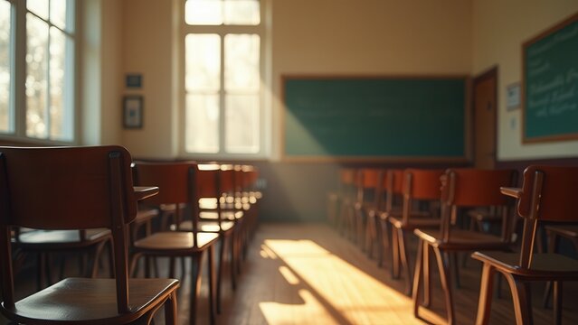 empty classic american school classroom desks bathed in soft natural light perfect for educational marketing or nostalgic back to school promotion