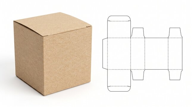 Brown Cardboard Square Box Mockup with Flat Die Cut Layout
