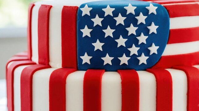 Two tier American flag cake with red white, blue icing. Patriotic dessert features stars, stripes design. Festive baked sweet treat for July 4th Independence Day celebration US holiday party.