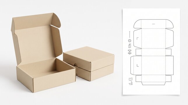 Cardboard box mockup with die cut blueprint layout on white background