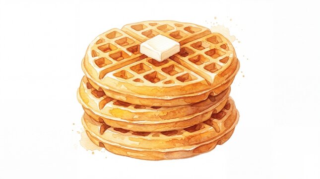Watercolor hand drawn stack of round golden waffles with melting butter cube, sweet breakfast bakery menu illustration isolated on clean white background