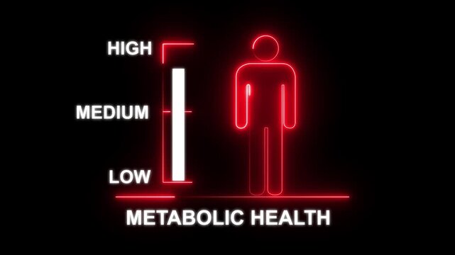 Neon human silhouette with bar graph indicating medium metabolic health on black background glowing