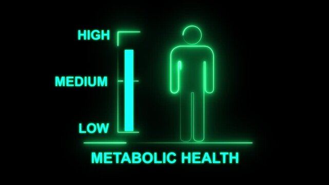 Neon human silhouette with bar graph indicating medium metabolic health on black background glowing