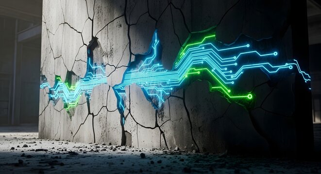 glowing digital circuits breaking through cracked concrete wall