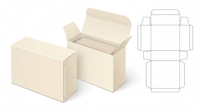 Isometric cardboard packaging box with soap bar and flat die cut layout