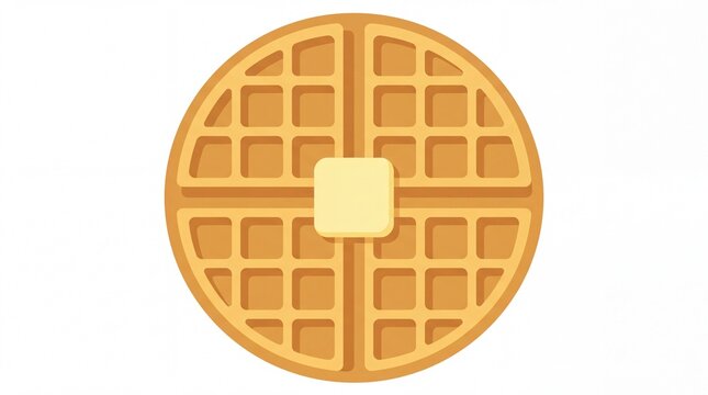 Fresh baked golden round Belgian waffle with melting butter cube on top, sweet pastry bakery breakfast menu flat vector graphic illustration isolated on white