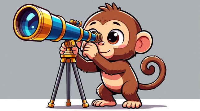 Cute cartoon monkey looks through large blue telescope on tripod. Funny primate character explores space wildlife in jungle. Playful animal mascot discovers new things with science equipment.