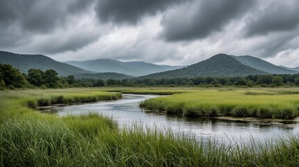 Fototapeta premium Tranquil American rural pond surrounded by rich greenery Majestic mountains, forests in background Partly cloudy skies above rays of sunlight breaking through Meandering stream cutting through grass