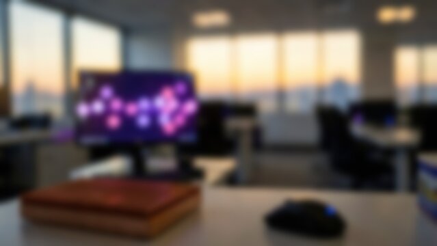 Blurred modern corporate office desk showing glowing computer monitor at sunset for tech startup website header or artificial intelligence presentation background
