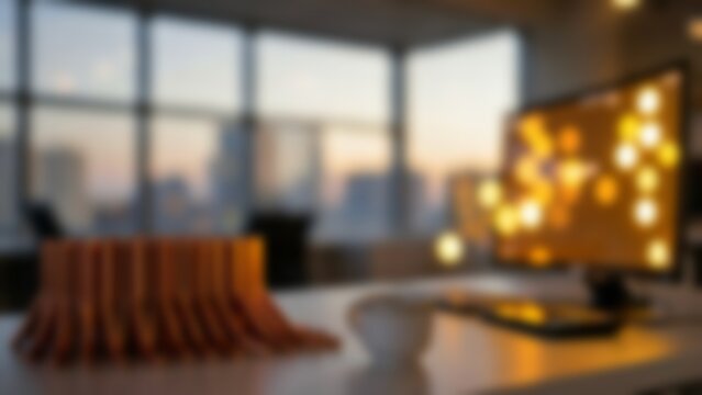 blurred modern office desk background featuring glowing computer monitor displaying artificial intelligence data visualization perfect for corporate tech presentation slide deck template