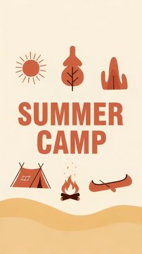 Animated summer camp poster with tent, canoe and campfire icons. subtle horizontal pan and gentle zoom reveal sun, trees and flickering flames.