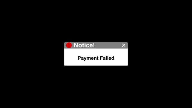 Payment failed error notification pop-up window on black background, for e-commerce and, digital transaction ui