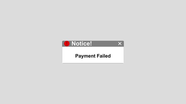 Payment failed error notification pop-up window on black background, for e-commerce and, digital transaction ui