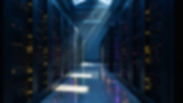 Blurred abstract one point perspective corridor in a dark modern data center server room for technology website backgrounds IT presentations and cybersecurity banners
