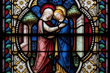 Obraz premium Vintage stained glass art depicts Virgin Mary greeting pregnant cousin Elizabeth. Two women embrace tenderly in church window. Religious scene shows blessing, faith, and family.