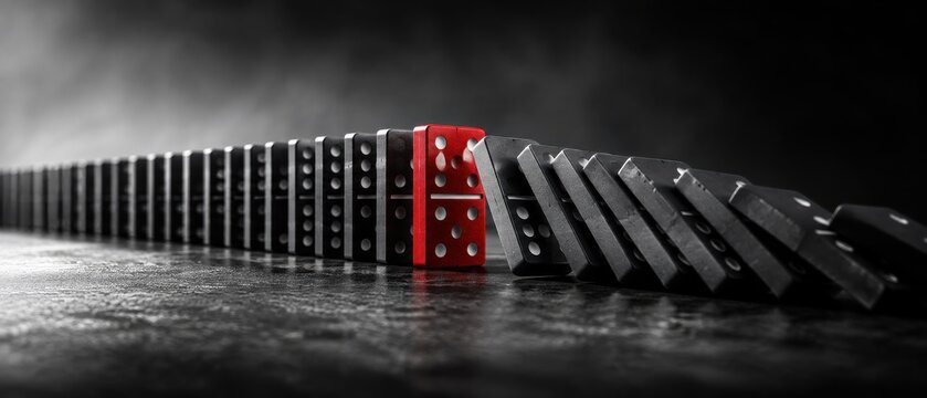 Dominoes falling in a chain reaction on dark surface