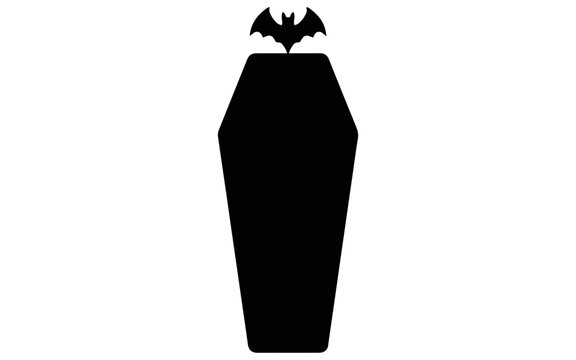 A dark silhouette of a traditional wooden coffin with a small bat positioned at the center, isolated on a plain white background