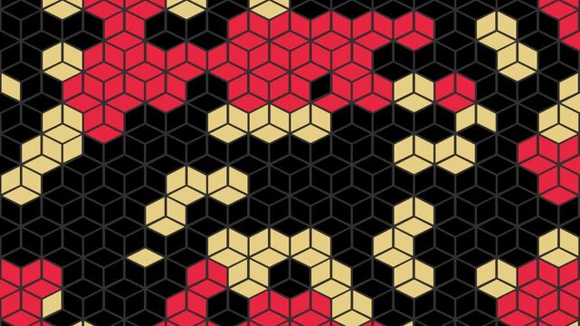 Yellow red cubes on black mosaic background with color shifting effect, Modern digital pattern with rotating color tones on geometric grid, 4k animation.