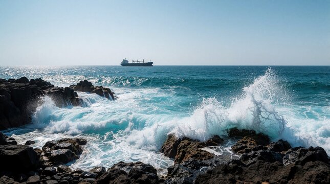 Rough ocean waves crash against dark rocks on a sunny day. A cargo ship sails on the blue sea horizon under a clear sky. Water spray forms patterns.