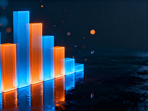 Neon bar graph in blue and orange with empty copy space