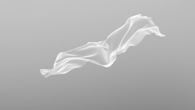 White fabric flowing dynamically in mid-air against a plain gray background