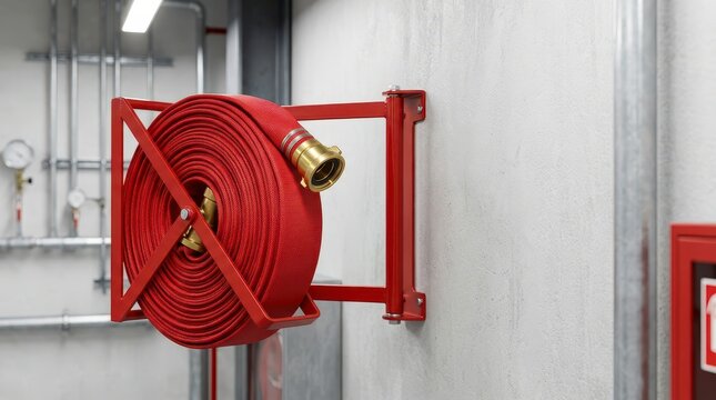 Fire Safety Hose Storage Equipment Mounted on Wall in Industrial Facility for Emergency Response