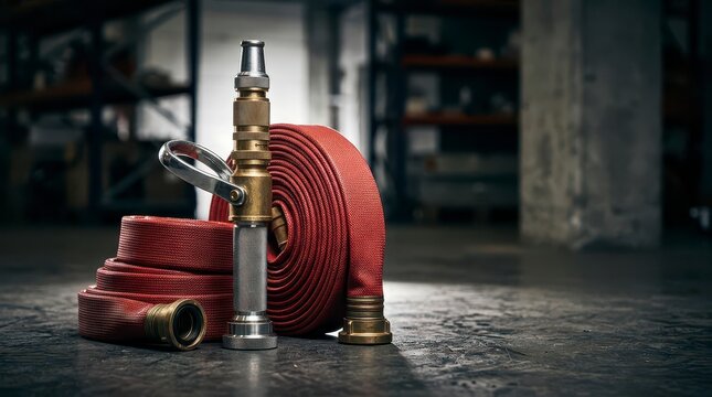 Detailed Close-Up of Red Fire Hose and Accessories in an Industrial Workshop Environment with Tools Nearby