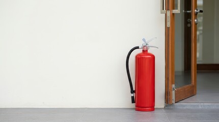 Obraz premium Red Fire Extinguisher Positioned Against Plain Wall Near Open Doorway in Indoor Setting
