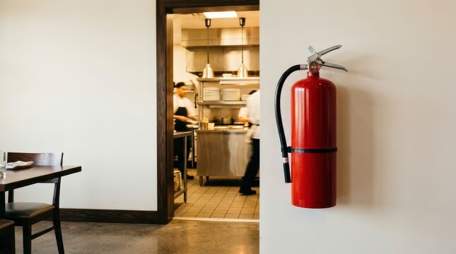 Fire Safety Equipment Installed on Wall Near Busy Kitchen Entrance in a Modern Restaurant Setting